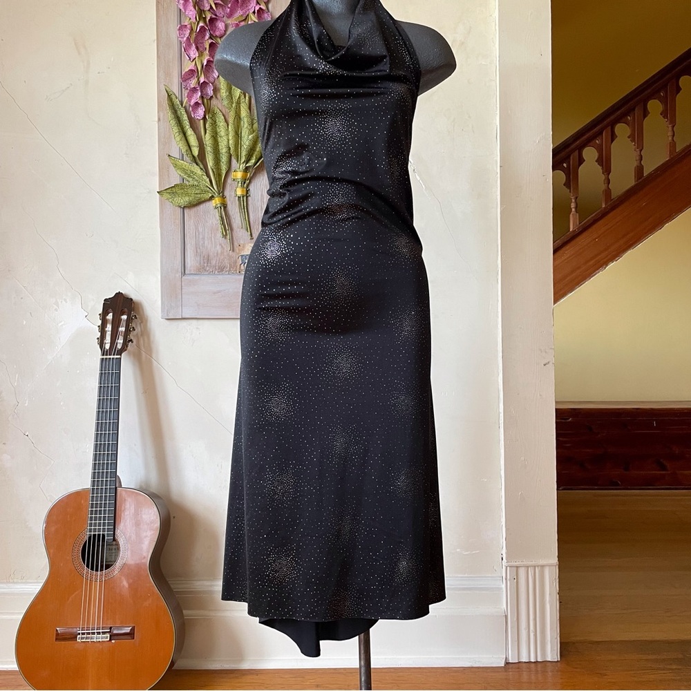 🖤🔥 Poema lux handmade black sparkle fireworks halter dress, S